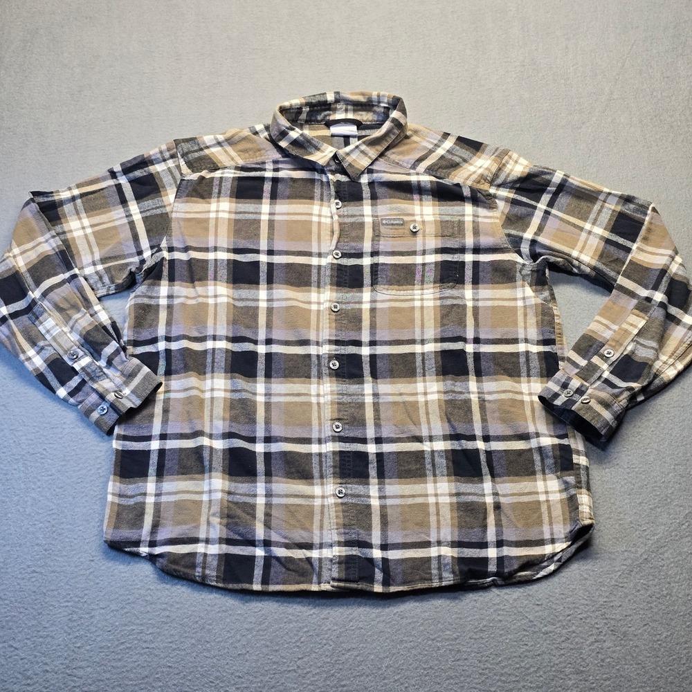 Columbia Mens XL Plaid Button Down Shirt Long Sleeve Brown Black Stretch AM1523